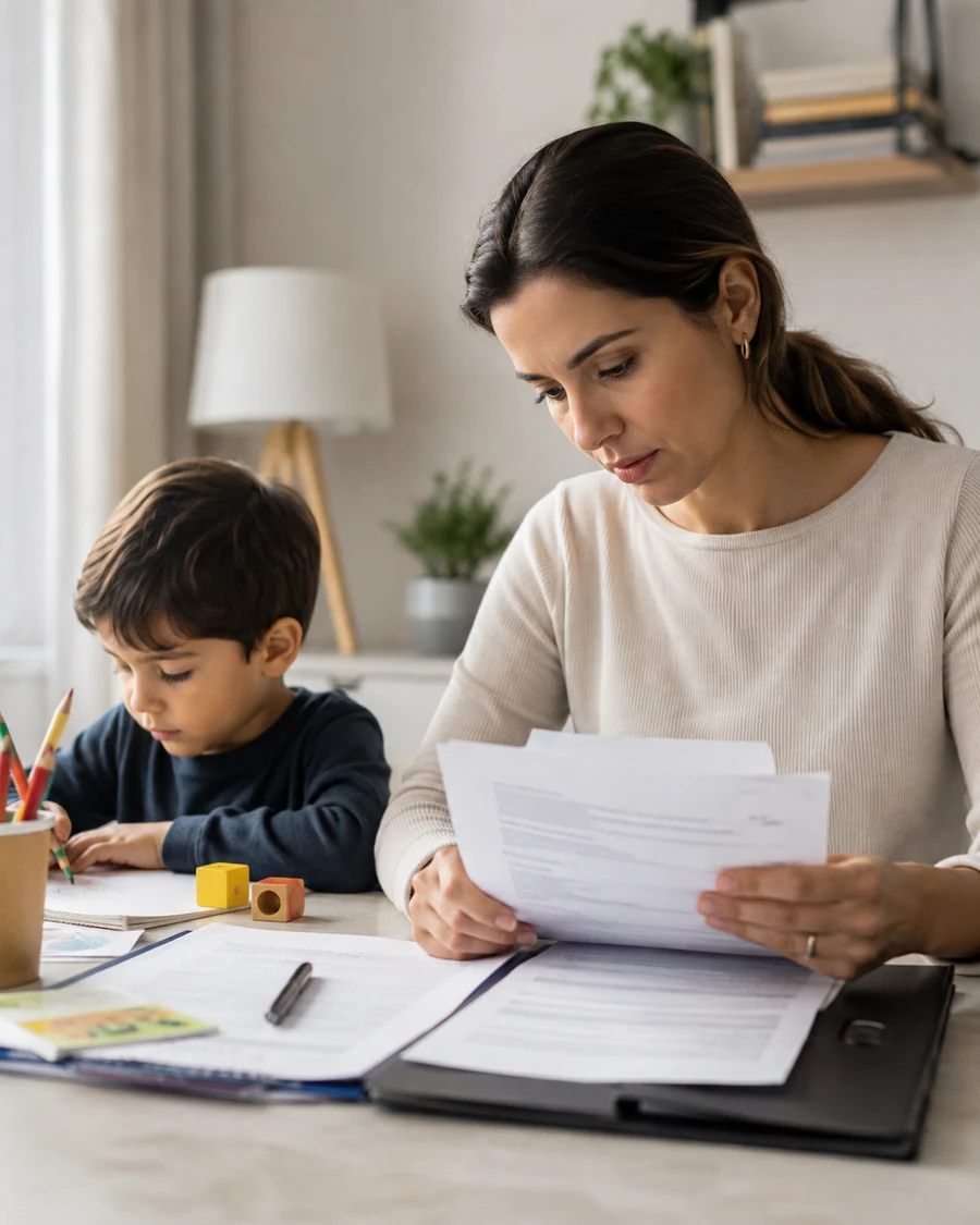 Responsável analisando documentos ao lado do filho